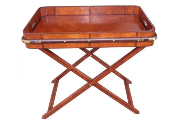 Campaign Leather Brass Butlet Tray with Stand - Cognac