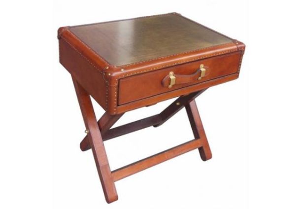 Campaign Leather Brass Side Table with Brass Top - Cognac