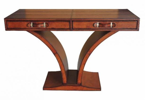 Campaign Leather Collection Brass Console Table - Cognac | Style Our Home