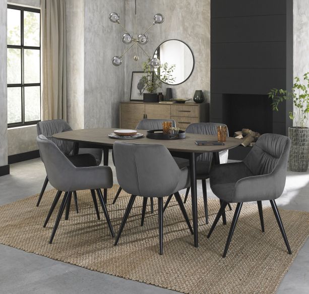 Vintage Weathered Oak 6 Seater Table & 6 Dali Grey Velvet Chairs by Bentley Designs | Style Our Home