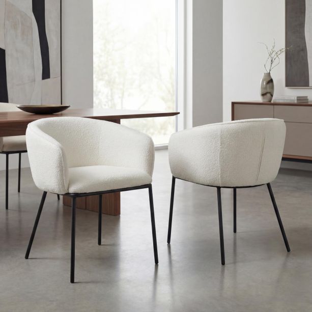 Westboham White Bouclé Curved Arm Dining Chair – Black Metal Legs (2pk) by Shankar | Style Our Home