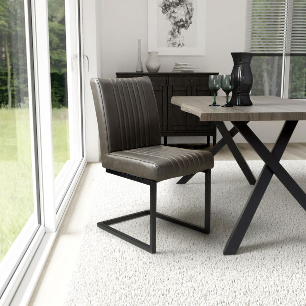 Langfland Brownish Grey Leather Effect Industrial Dining Chair – Dark Grey Cantilever Legs (2pk) by Shankar | Style Our Home