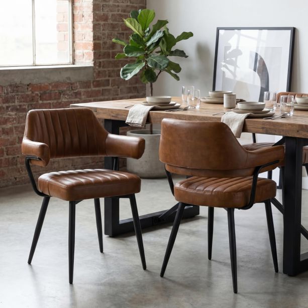 Cavenden Mid-Century Leather Style Dining Chair – Tan with Black Metal Legs (2pk) by Shankar | Style Our Home