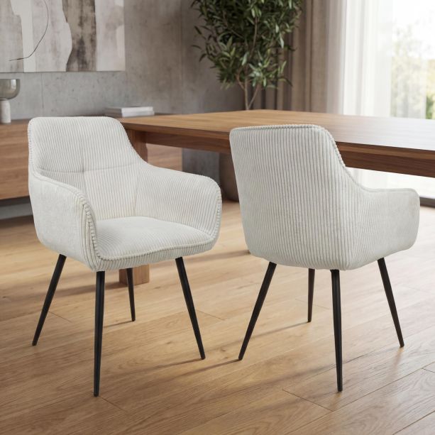 Sorrebourne White Corduroy Upholstered Dining Chair – Black Metal Cross Frame Legs (2pk) by Shankar | Style Our Home