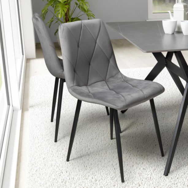 Valenwood Grey Brushed Velvet Dining Chair – Black Metal Cross Frame Legs (4pk) by Shankar | Style Our Home
