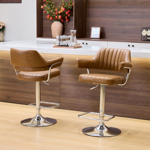 Carltmere Tan Leather Effect Swivel Bar Stool with Chrome Frame (2pk) by Shankar | Style Our Home