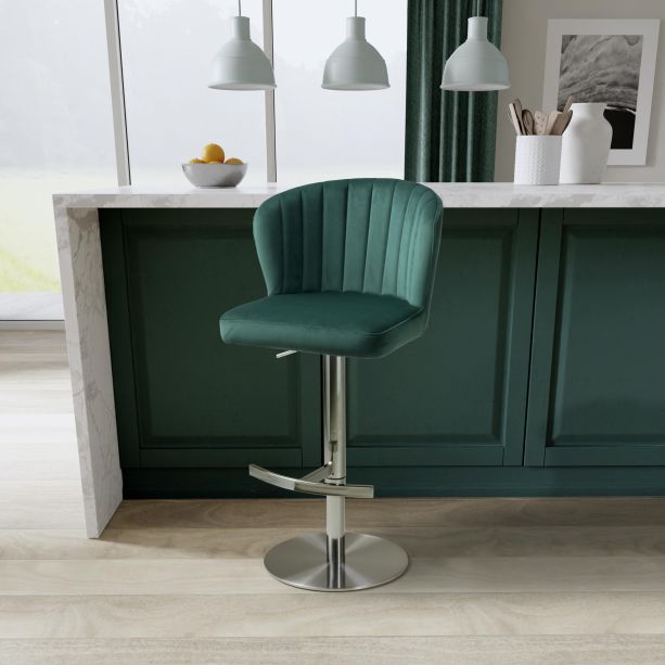 Carltmere Green Brushed Velvet Swivel Bar Stool with Stainless Steel Base by Shankar | Style Our Home