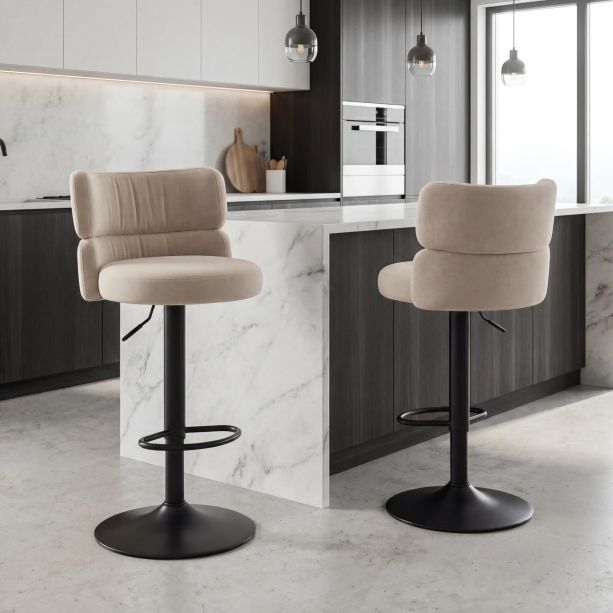 Meridston Cream Upholstered Adjustable Swivel Bar Stool with Black Base (2pk) by Shankar | Style Our Home