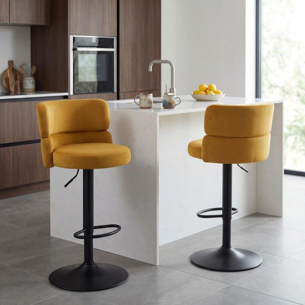Meridston Mustard Upholstered Adjustable Swivel Bar Stool with Black Base (2pk) by Shankar | Style Our Home