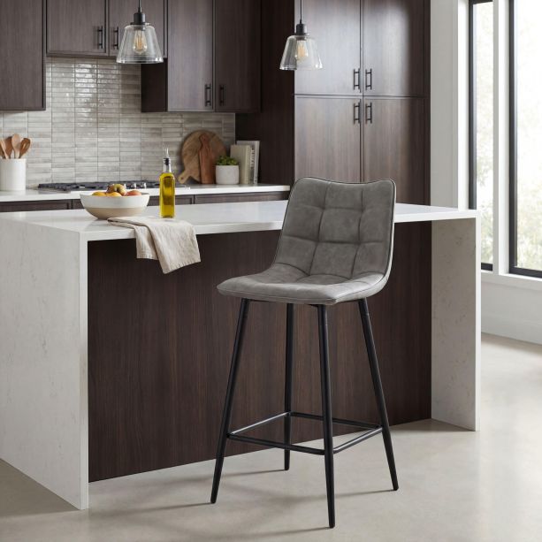 Norwoford Grey Leather Look Upholstered Bar Stool with Black Metal Frame by Shankar | Style Our Home