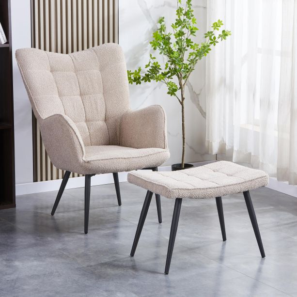 Roscside Light Brown Bouclé Armchair with Matching Footstool by Shankar | Style Our Home