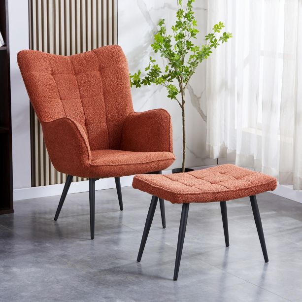 Roscside Copper Bouclé Armchair with Matching Footstool – Black Metal Legs by Shankar | Style Our Home