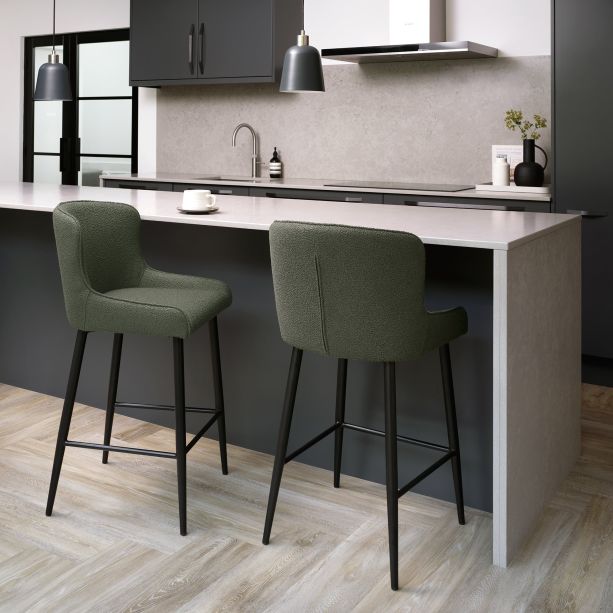 Rubens - Green Boucle Fabric Bar Stool with Black Legs (Pair) by Bentley Designs | Style Our Home