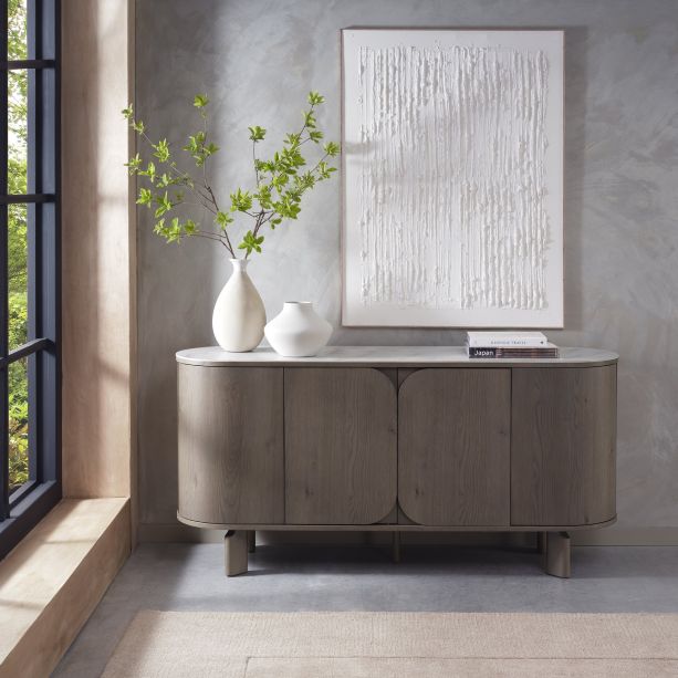 Duo Grey Oiled Oak Wide Sideboard with Monte Bianco Sintered Stone Top by Bentley Designs | Style Our Home