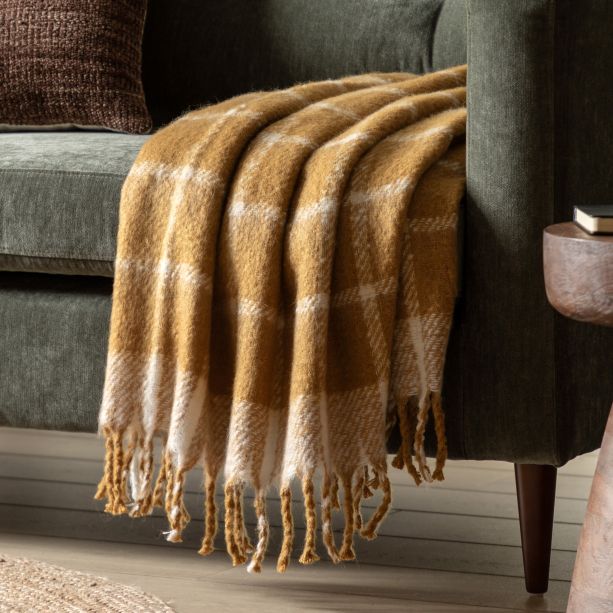 Polyano Faux Mohair Check Throw Mustard by Gallary Living | Style Our Home