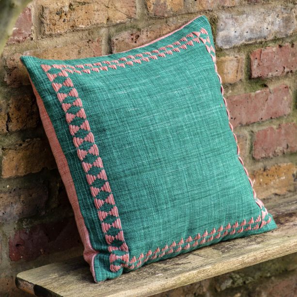 Kaiano Embroidered Border Cushion Green (Pair) by Gallary Living | Style Our Home
