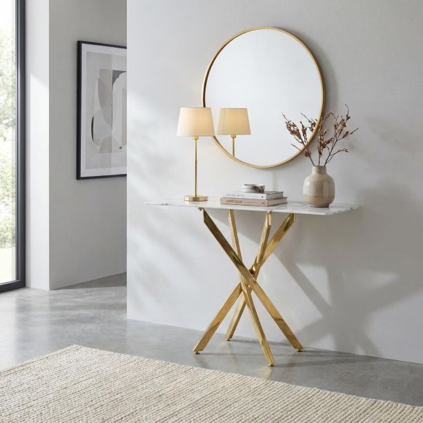Rowen White Marble Effect Glass Console Table with Gold Base by Shankar | Style Our Home
