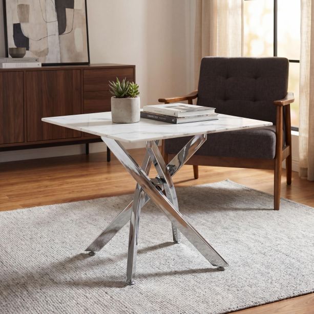 Sevilara White Marble Effect Glass End Table with Chrome Base by Shankar | Style Our Home