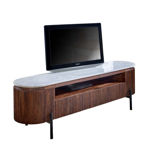 Marblestone Mango Wood Large Tv Stand With Marble Top & Metal Legs by Karvello Designs | Style Our Home