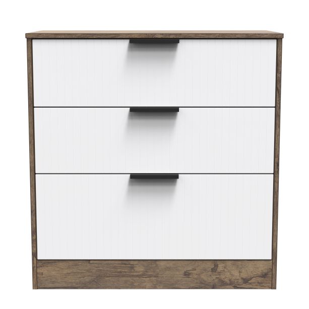 Nashville-3 Drawer Bedside Cabinet in White Matt & Vintage Oak 