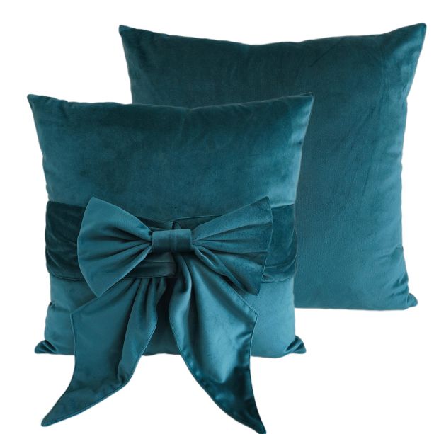 Pm Velv Cushion With Bow Teal by Malini | Style Our Home