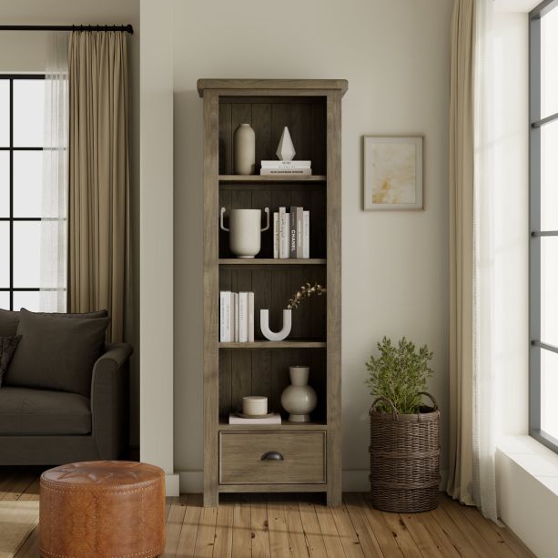 Sartene Oak Large Bookcase With Drawer by Hertiance Furniture | Style Our Home