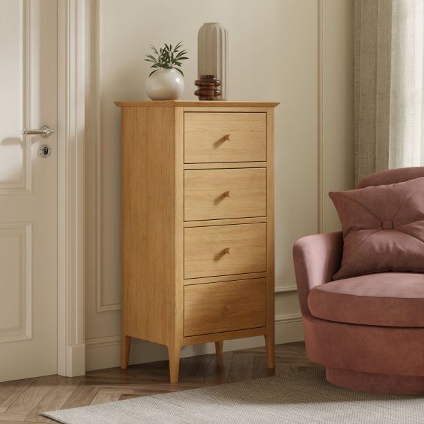 Marken Oak 4 Drawer Tall Chest by Heritance Furniture | Style Our Home