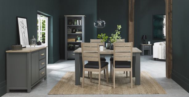 Oakham Dark Grey & Scandi 4-6 Seater Table & 4 Scandi Oak Chairs in Dark Grey Bonded Leather by Bentley Designs | Style Our Home
