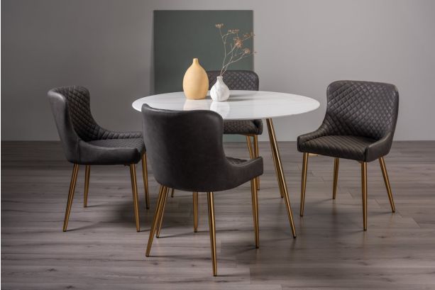 Francesca White Marble Effect Tempered Glass 4 Seater Dining Table & 4 Cezanne Dark Grey Faux Leather Chairs with Matt Gold Plated Legs - Style Our Home