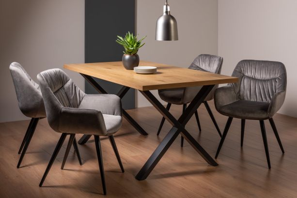 Ramsay Oak Melamine 6 Seater Table - X Leg & 4 Dali Grey Velvet Chairs by Bentley Designs | Style Our Home