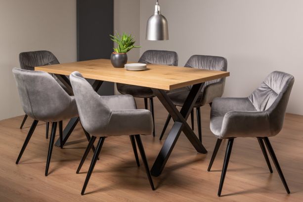 Ramsay Oak Melamine 6 Seater Table - X Leg & 6 Dali Grey Velvet Chairs by Bentley Designs | Style Our Home