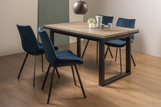 Tivoli Weathered Oak 4-6 Seater Table & 4 Fontana Blue Velvet Chairs by Bentley Designs | Style Our Home