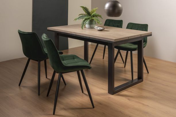 Tivoli Weathered Oak 4-6 Seater Table & 4 Seurat Green Velvet Chairs by Bentley Designs | Style Our Home