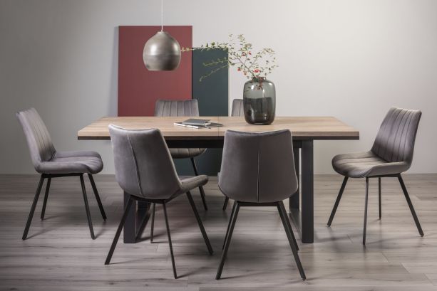 Tivoli Weathered Oak 6-8 Seater Table & 6 Fontana Grey Velvet Chairs by Bentley Designs | Style Our Home