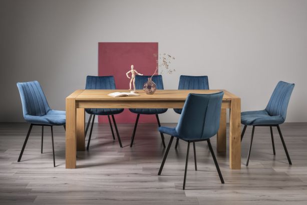Turin Light Oak 6-10 Seater Table & 8 Fontana Blue Velvet Chairs by Bentley Designs | Style Our Home