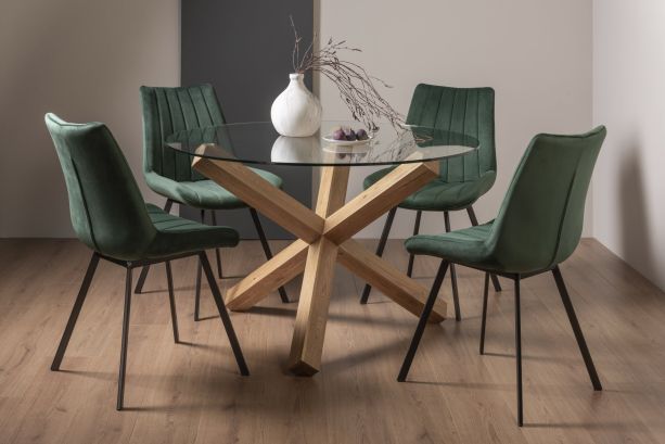 Turin Glass 4 Seater Table - Light Oak Legs & 4 Fontana Green Velvet Chairs by Bentley Designs | Style Our Home