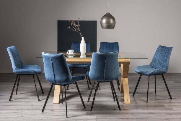 Turin Glass 6 Seater Table - Light Oak Legs & 6 Fontana Blue Velvet Chairs by Bentley Designs | Style Our Home