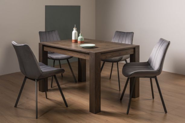 Turin Dark Oak 4-6 Seater Table & 4 Fontana Grey Velvet Chairs by Bentley Designs | Style Our Home
