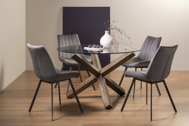 Turin Glass 4 Seater Table - Dark Oak Legs & 4 Fontana Grey Velvet Chairs by Bentley Designs | Style Our Home