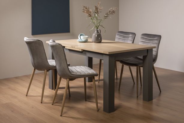 Oakham Scandi Oak 4-6 Seater Table - Dark Grey Legs & 4 Eriksen Grey Velvet Chairs by Bentley Designs | Style Our Home