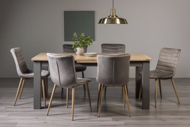 Oakham Scandi Oak 6-8 Seater Table - Dark Grey Legs & 6 Eriksen Grey Velvet Chairs by Bentley Designs | Style Our Home