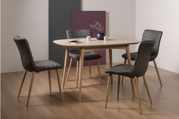 Dansk Scandi Oak 4 Seater Dining Table & 4 Eriksen Dark Grey Faux Leather Chairs with Grey Rustic Oak Effect Legs - Style Our home