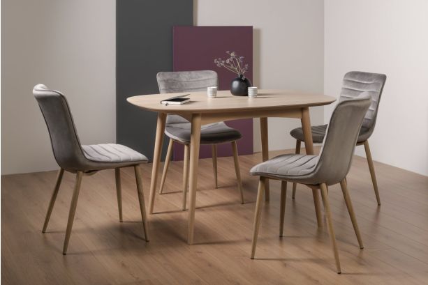 Dansk Scandi Oak 4 Seater Dining Table & 4 Eriksen Grey Velvet Fabric Chairs with Grey Rustic Oak Effect Legs - Style Our Home