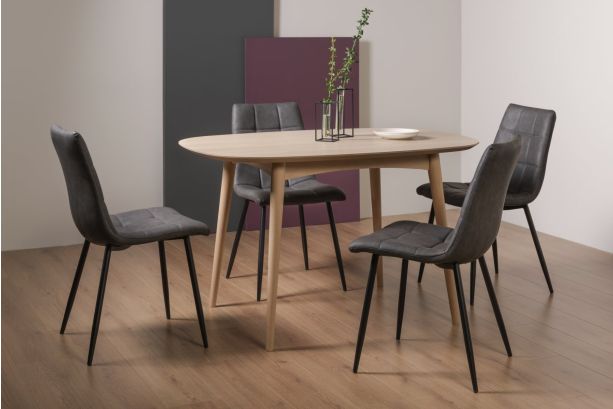 Dansk Scandi Oak 4 Seater Dining Table & 4 Mondrian Dark Grey Faux Leather Chairs with Sand Black Powder Coated Legs - Style Our Home