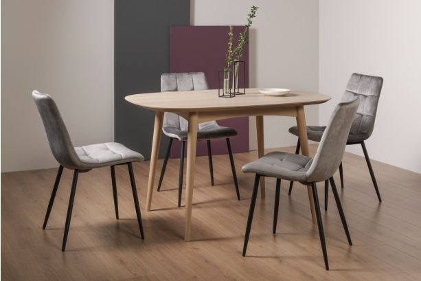 Dansk Scandi Oak 4 Seater Dining Table & 4 Mondrian Grey Velvet Fabric Chairs with Sand Black Powder Coated Legs - Style Our Home