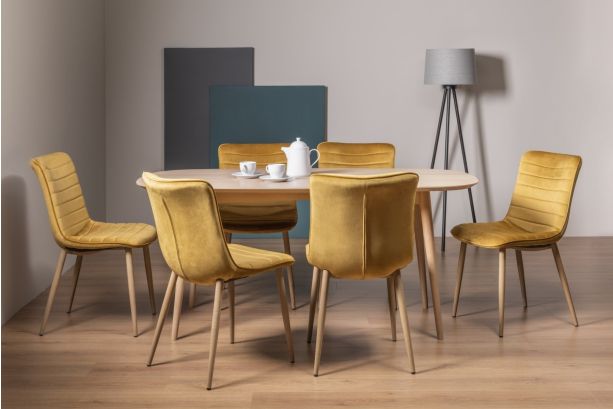 Dansk Scandi Oak 6 Seater Dining Table & 6 Eriksen Mustard Velvet Fabric Chairs with Grey Rustic Oak Effect Legs - Style Our Home