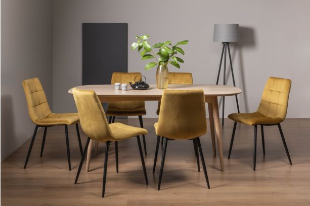 Dansk Scandi Oak 6 Seater Dining Table & 6 Mondrian Mustard Velvet Fabric Chairs with Sand Black Powder Coated Legs - Style Our Home