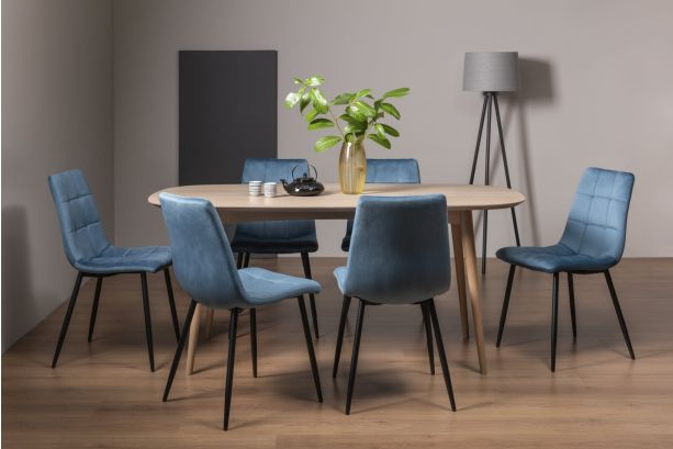 Dansk Scandi Oak 6 Seater Dining Table & 6 Mondrian Petrol Blue Velvet Fabric Chairs with Sand Black Powder Coated Legs - Style Our Home