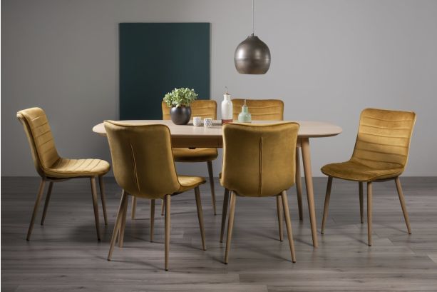 Dansk Scandi Oak 6-8 Seater Dining Table & 6 Eriksen Mustard Velvet Fabric Chairs with Grey Rustic Oak Effect Legs