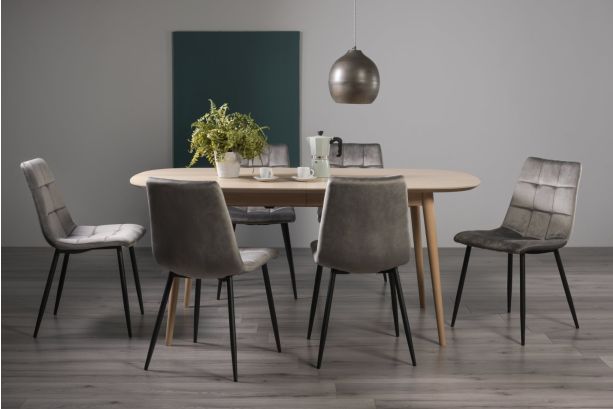 Dansk Scandi Oak 6-8 Seater Dining Table & 6 Mondrian Grey Velvet Fabric Chairs with Sand Black Powder Coated Legs - Style Our Home